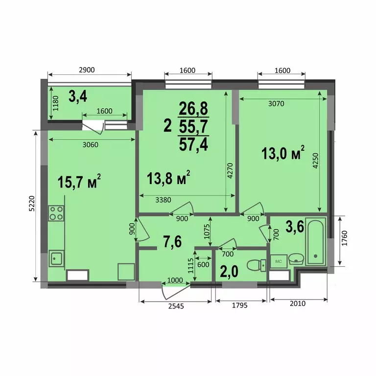2-к квартира, 57.4 м - Фото 0