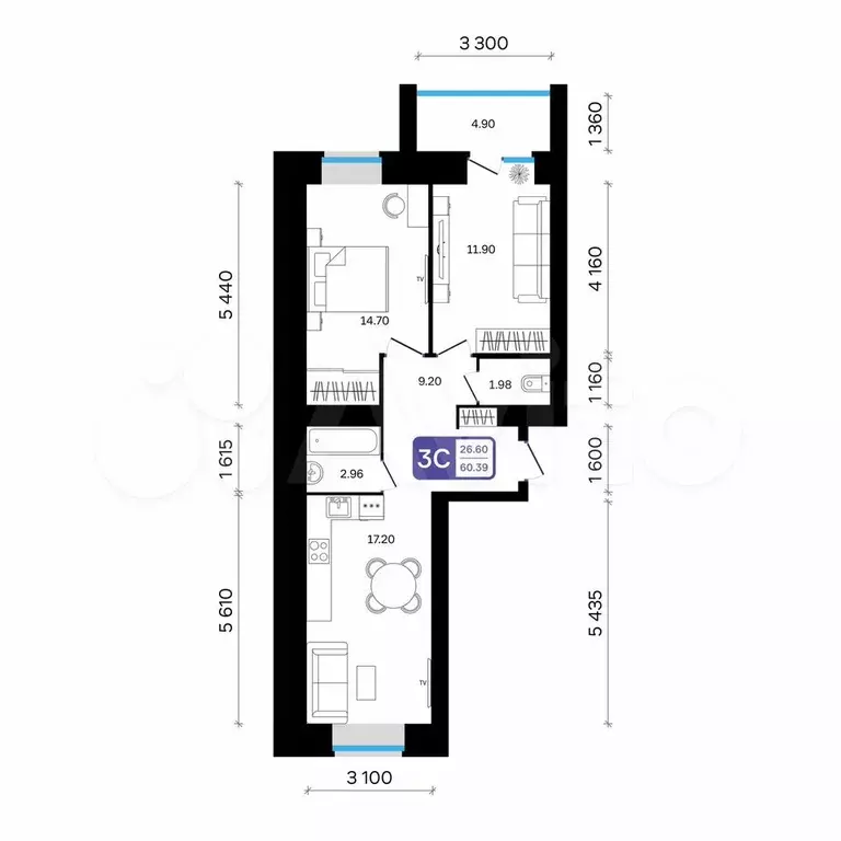 3-к. квартира, 60,4 м, 2/9 эт. - Фото 0