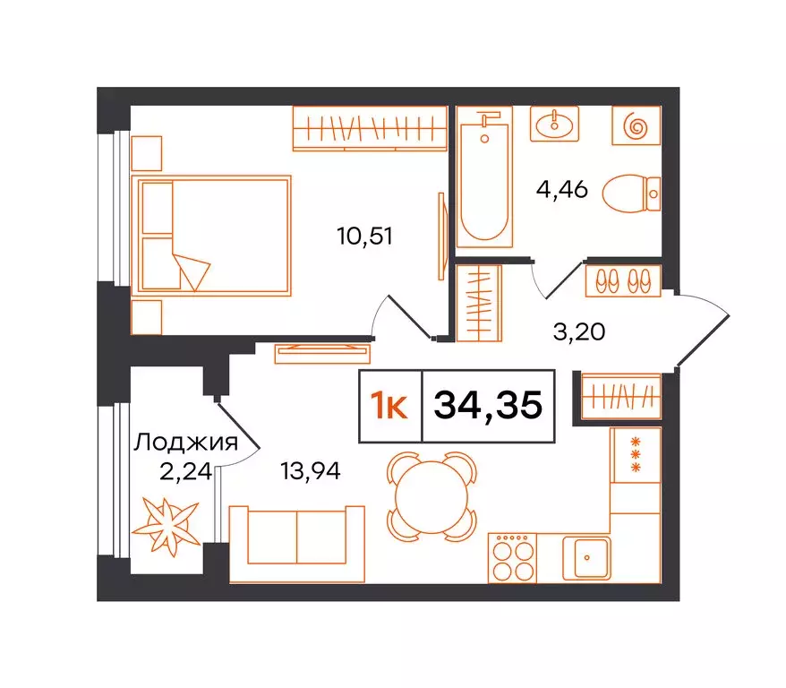 1-комнатная квартира: Тюмень, Полевая улица, 117к13 (34.35 м) - Фото 1