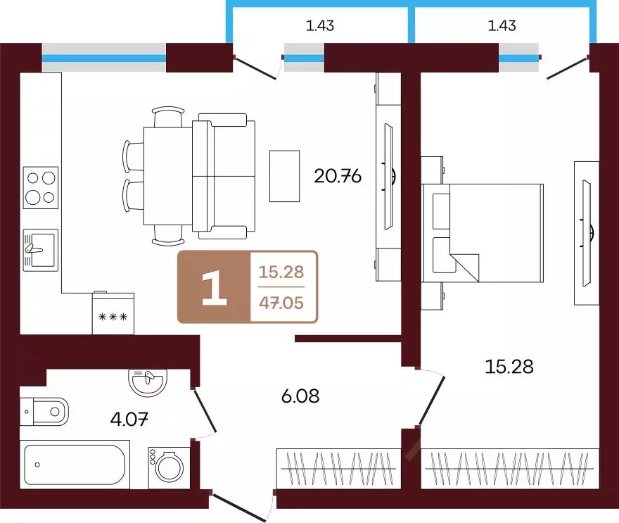 1-к кв. Башкортостан, Иглинский район, с. Акбердино  (47.05 м) - Фото 1