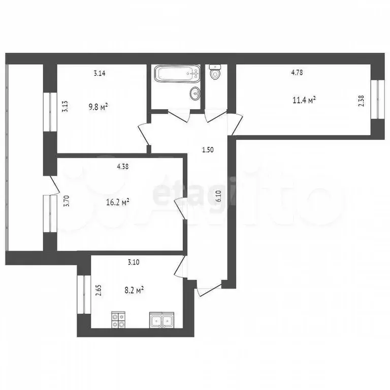 3-к. квартира, 60,5 м, 4/9 эт. - Фото 0