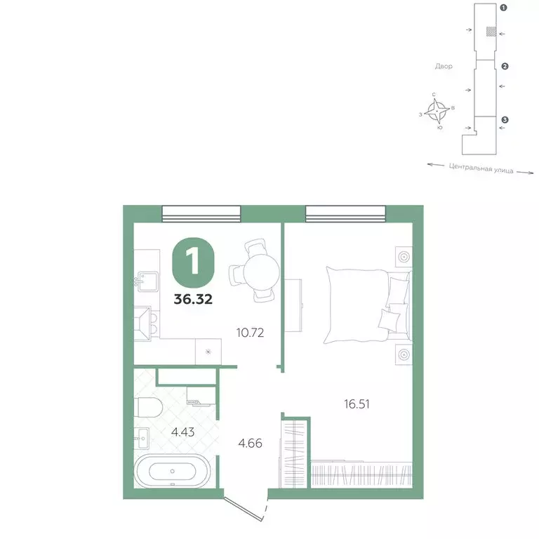 1-комнатная квартира: Горьковка, жилой комплекс Крылья (36.32 м) - Фото 1
