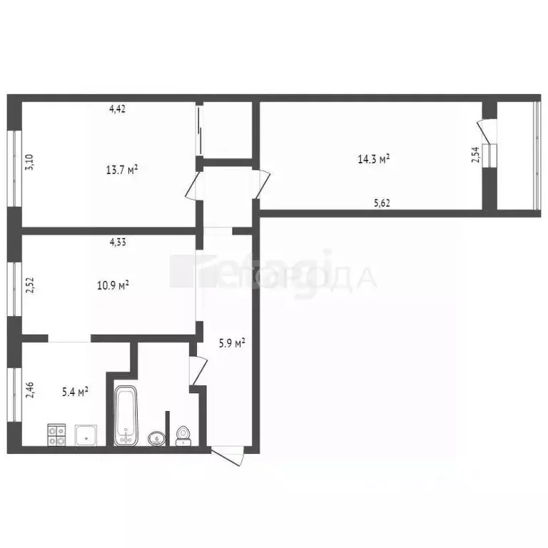 3-к кв. Новосибирская область, Новосибирск ул. Гоголя, 43Б (57.8 м) - Фото 1