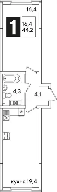 1-к. квартира, 44,2 м, 7/16 эт. - Фото 1