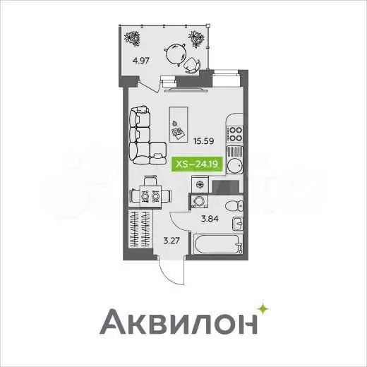 Квартира-студия, 24,2м, 5/9эт. - Фото 1