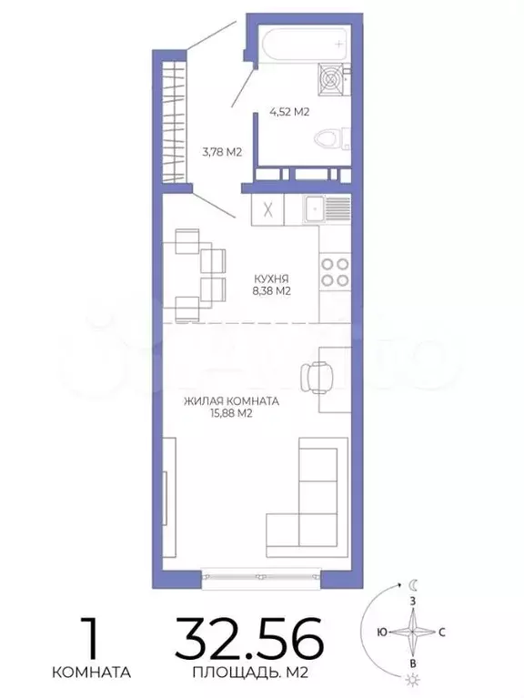 Квартира-студия, 32,6 м, 5/18 эт. - Фото 1