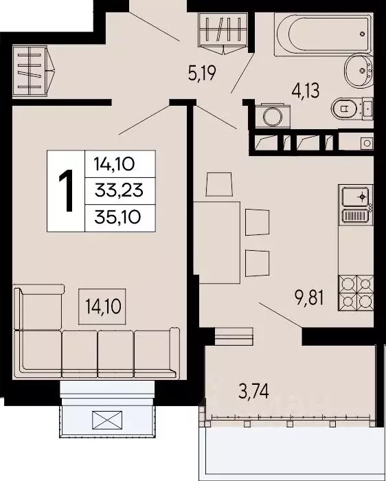 1-к кв. Адыгея, Майкоп 9 Мая ул. (35.1 м) - Фото 1