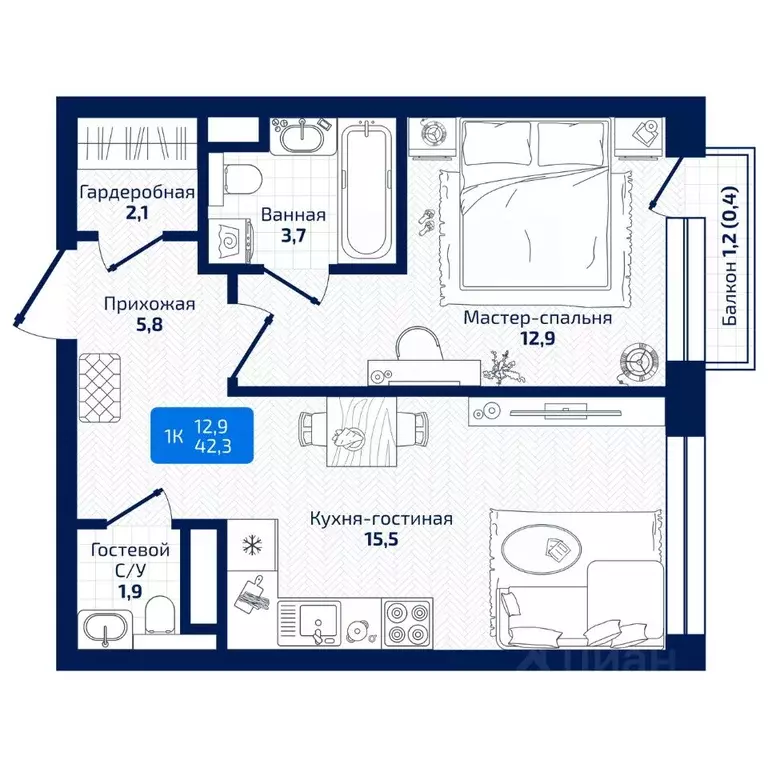 1-к кв. Самарская область, Самара ул. 8-я Радиальная, 31 (42.3 м) - Фото 1