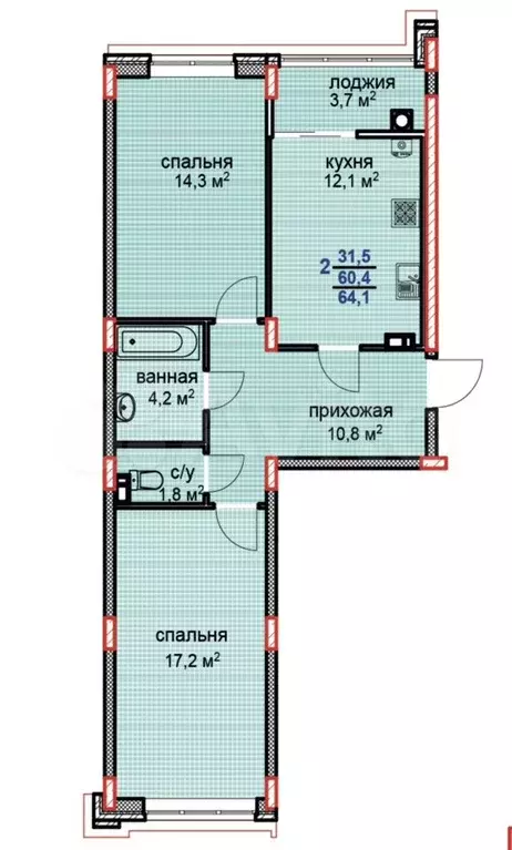 2-к. квартира, 64,2м, 2/6эт. - Фото 1