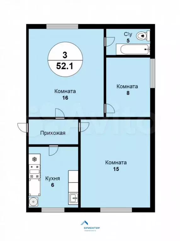 3-к. квартира, 52,1 м, 2/2 эт. - Фото 0