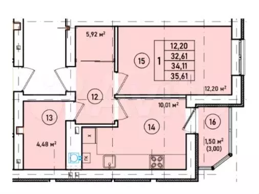 1-к. квартира, 35,6 м, 3/7 эт. - Фото 1