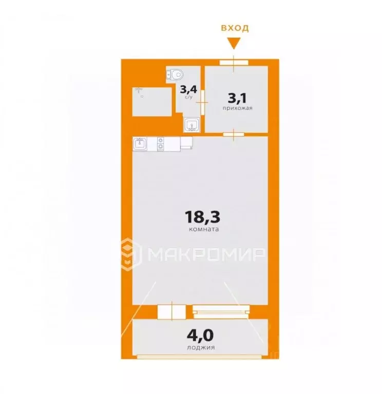 Студия Санкт-Петербург пос. Шушары, ул. Валдайская, 6к2 (24.8 м) - Фото 2