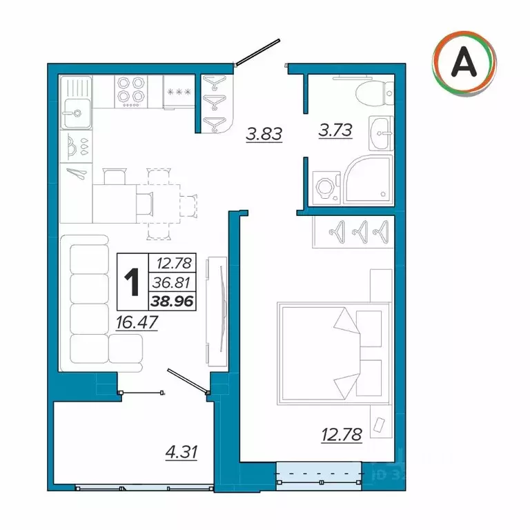 1-к кв. Брянская область, Брянск Московский мкр, 28 (38.96 м) - Фото 2