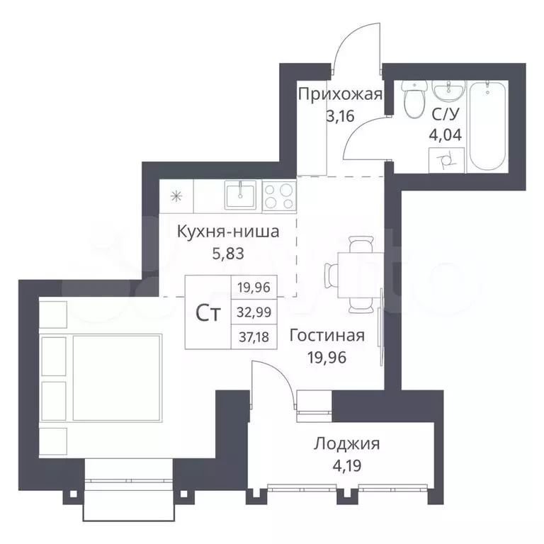 Квартира-студия, 33 м, 12/18 эт. - Фото 0