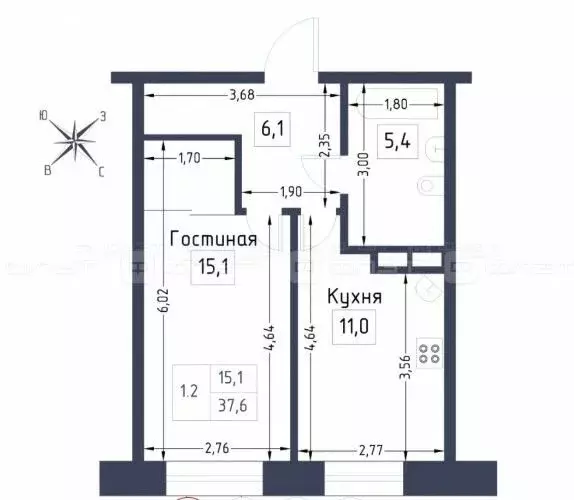 1-комнатная квартира: село Усады, улица Тёплых Встреч, 7 (37.4 м) - Фото 1