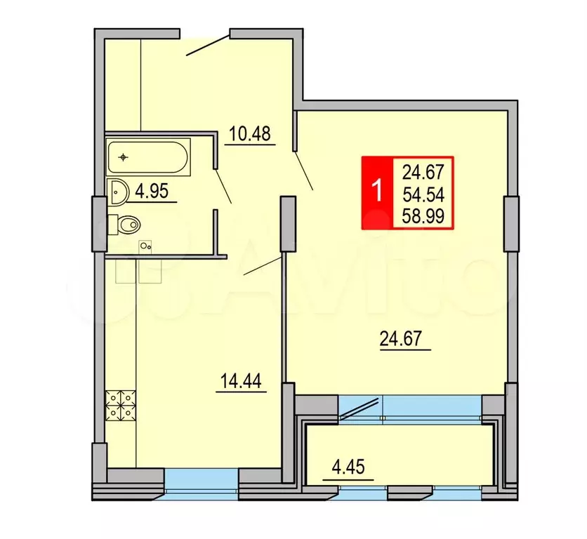 1-к. квартира, 59 м, 3/8 эт. - Фото 0