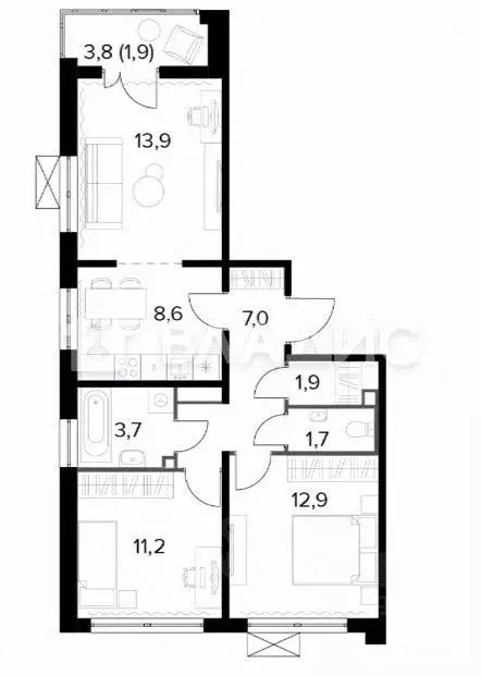 3-к кв. Москва Ленинградское ш., 228к3 (62.8 м) - Фото 1