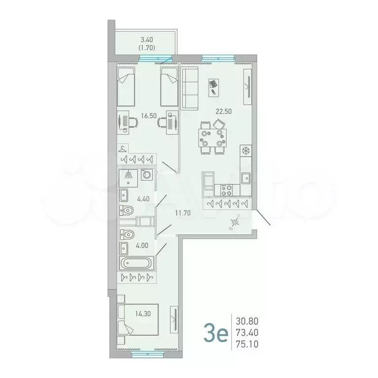 2-к. квартира, 75,1 м, 10/17 эт. - Фото 0