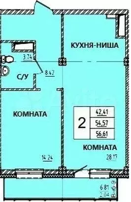 2-к. квартира, 56,7 м, 7/15 эт. - Фото 0