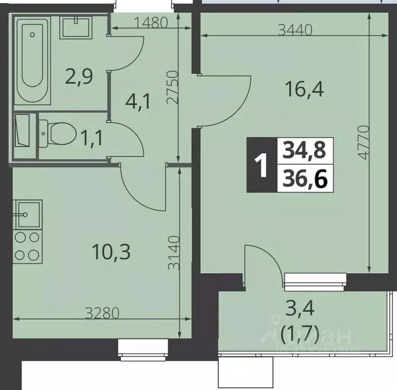 1-к кв. Московская область, Люберцы ул. Рождественская, 6 (36.6 м) - Фото 2