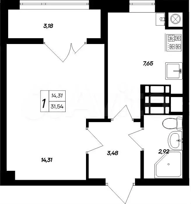 1-к. квартира, 31,5 м, 6/9 эт. - Фото 0