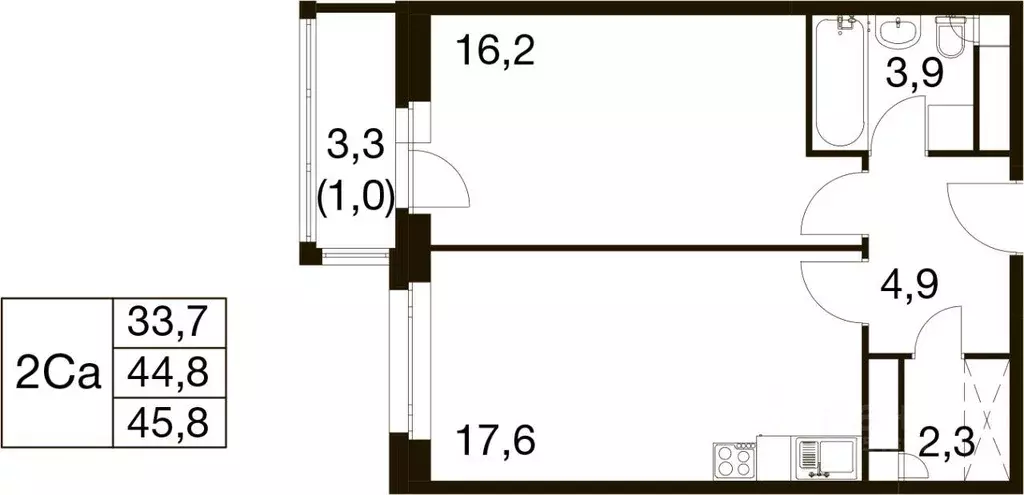 Квартира, 1 комната, 44.4 м - Фото 1