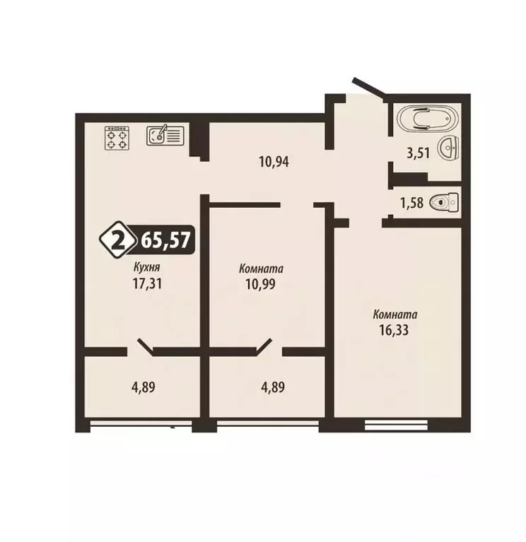 2-к кв. Брянская область, Брянск Школьный жилой комплекс (65.57 м) - Фото 1