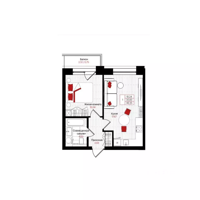 1-к кв. Татарстан, Казань Лето жилой комплекс (36.35 м) - Фото 1