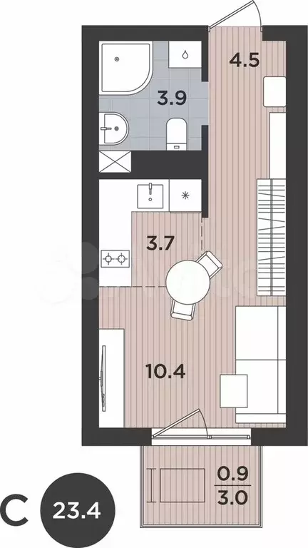 1-к. квартира, 23,4 м, 4/9 эт. - Фото 1