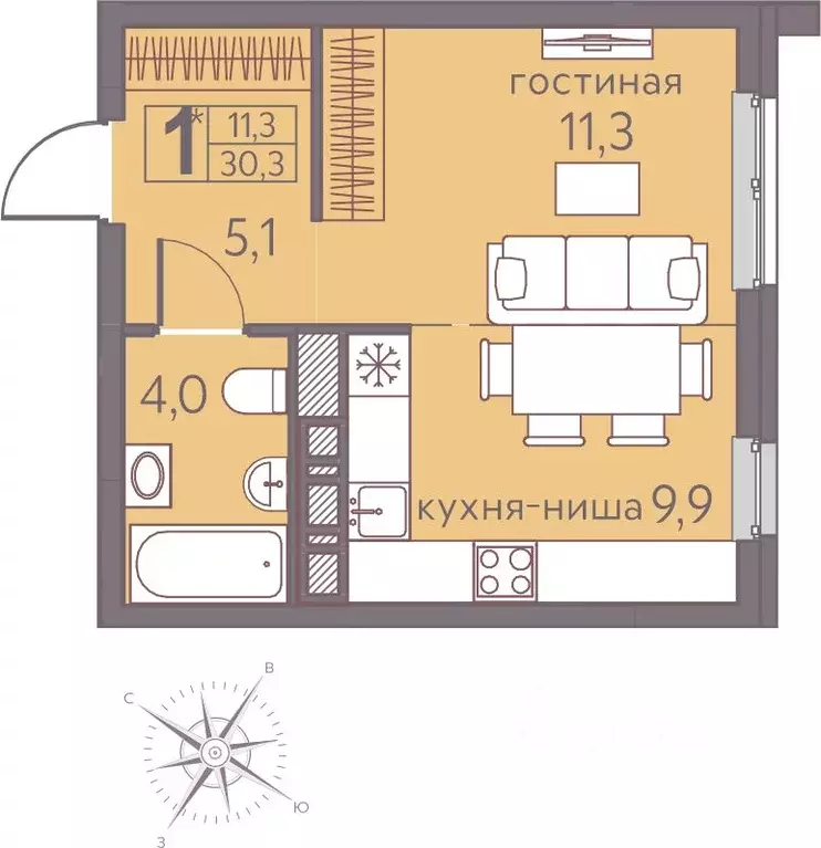 Студия Пермский край, Пермь ул. Серебристая, 5 (30.3 м) - Фото 1