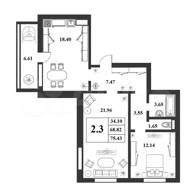2-к. квартира, 69 м, 3/9 эт. - Фото 0