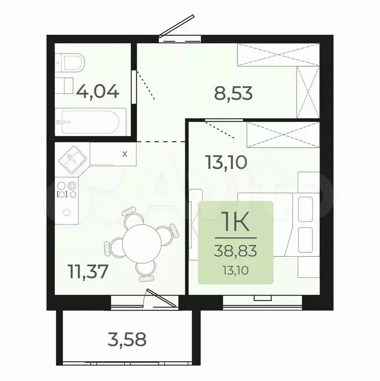 1-к. квартира, 38,8 м, 3/9 эт. - Фото 1