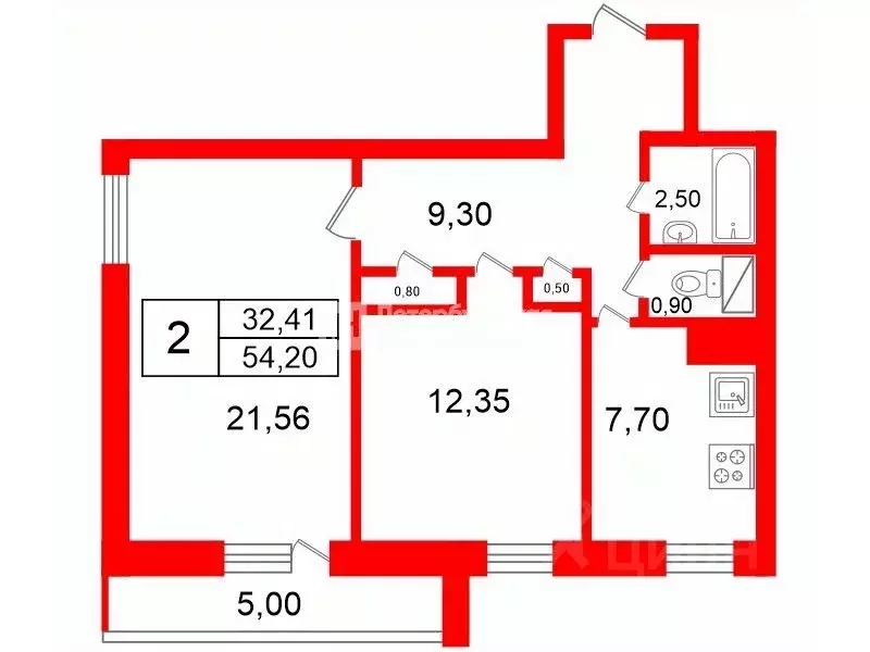 2-к кв. Санкт-Петербург Заневский просп., 26к1 (54.2 м) - Фото 2