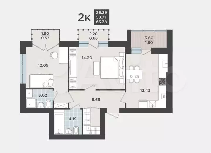 2-к. квартира, 58,7 м, 8/9 эт. - Фото 1