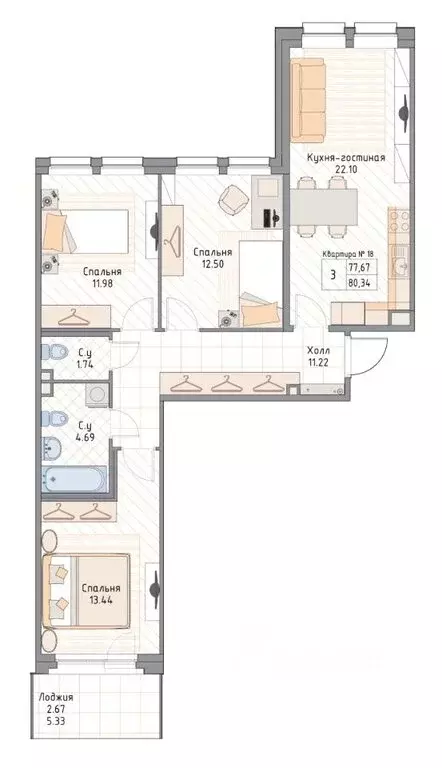 3-комнатная квартира: Санкт-Петербург, Малая Зеленина улица, 4 (80.34 ... - Фото 1