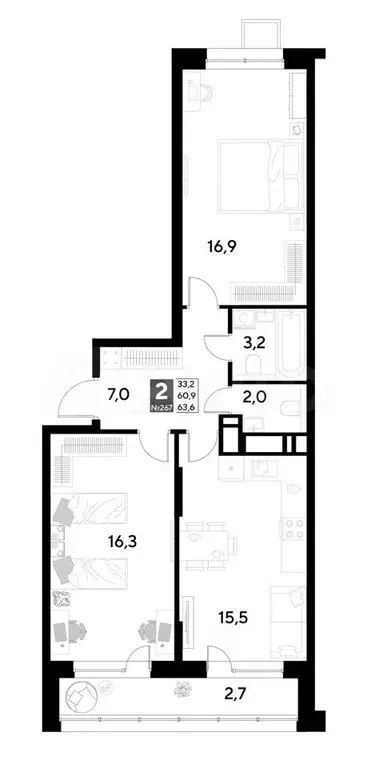 2-к. квартира, 63,6 м, 2/21 эт. - Фото 0