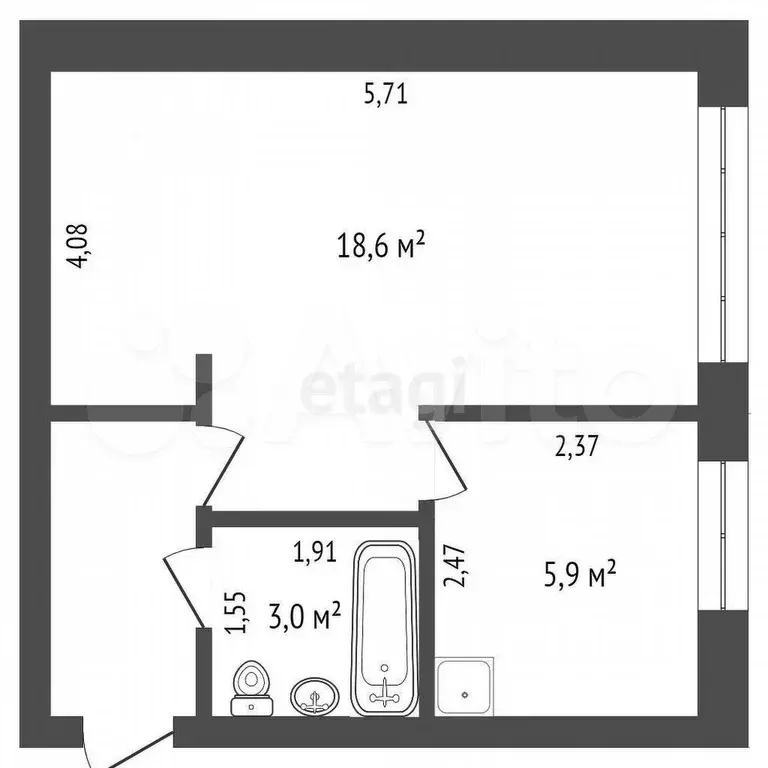 1-к. квартира, 30,7 м, 1/5 эт. - Фото 0