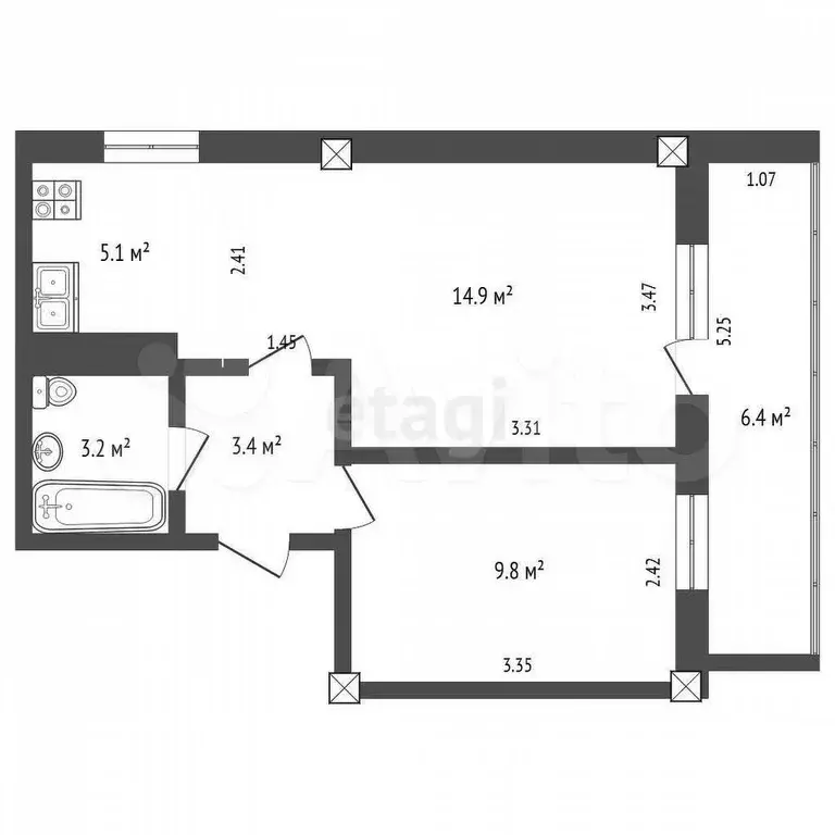 2-к. квартира, 35,4 м, 4/5 эт. - Фото 0