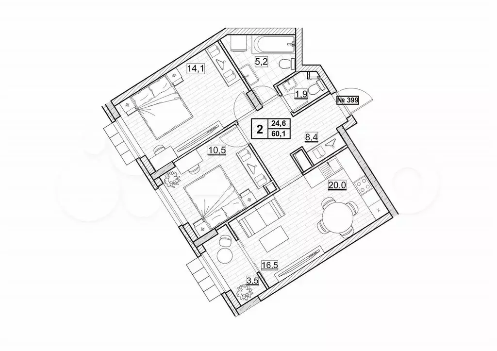 2-к. квартира, 60,1 м, 24/24 эт. - Фото 0