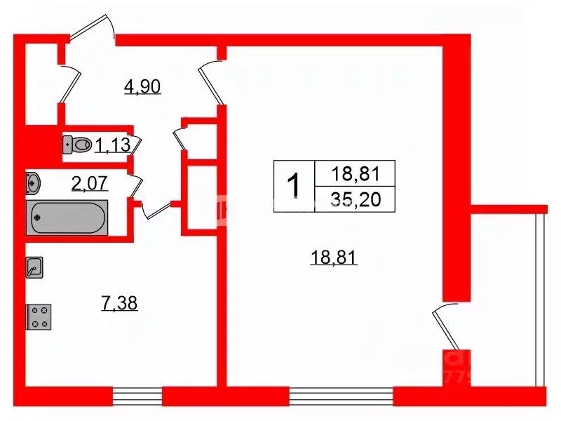 1-к кв. Санкт-Петербург ул. Пионерстроя, 15К2 (35.2 м) - Фото 1