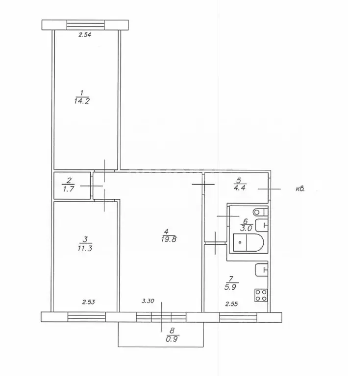 3-к кв. Татарстан, Казань ул. Восстания, 53 (60.3 м) - Фото 2