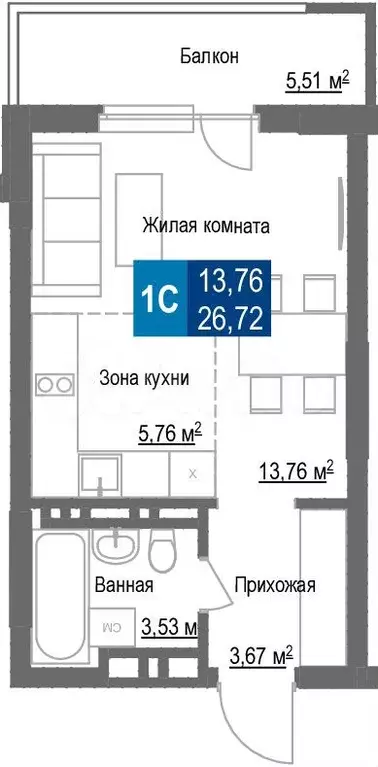 1-к. квартира, 26,7 м, 21/25 эт. - Фото 0