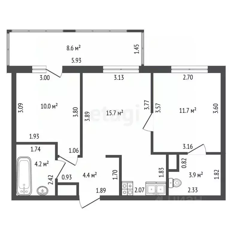 2-к кв. Санкт-Петербург наб. Реки Каменки, 11к1 (49.9 м) - Фото 2