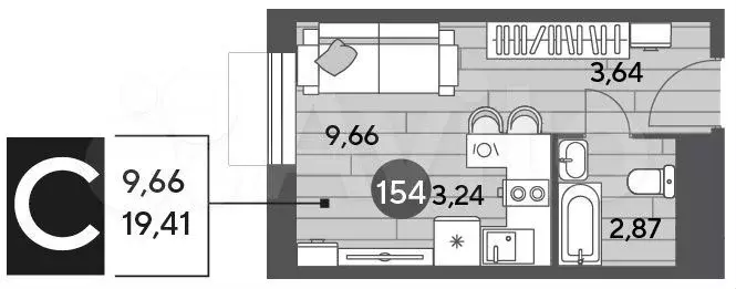 Квартира-студия, 19,4м, 9/10эт. - Фото 0