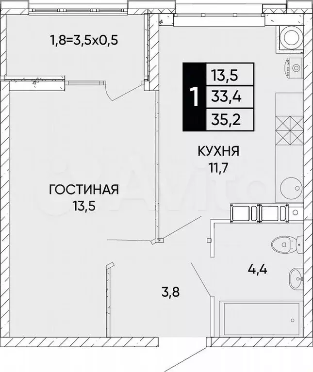 1-к. квартира, 35,2м, 6/24эт. - Фото 0