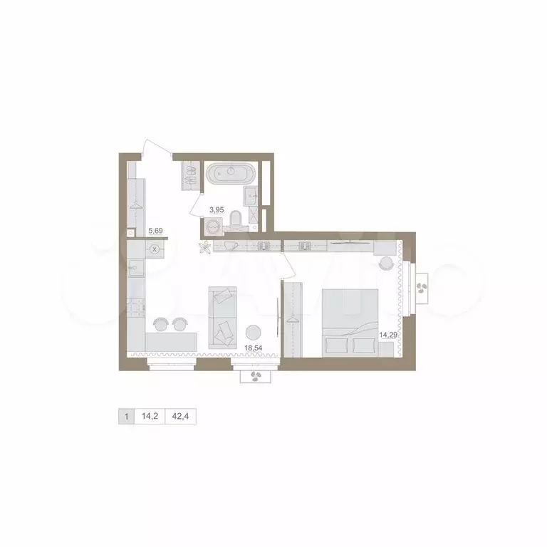 1-к. квартира, 42,5 м, 5/25 эт. - Фото 0
