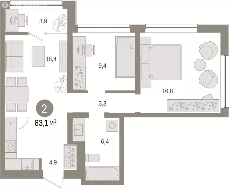 2-комнатная квартира: Тюмень, Мысовская улица, 26к1 (63.07 м) - Фото 1