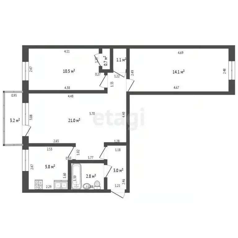 3-к кв. Башкортостан, Стерлитамак Коммунистическая ул., 67 (59.0 м) - Фото 2