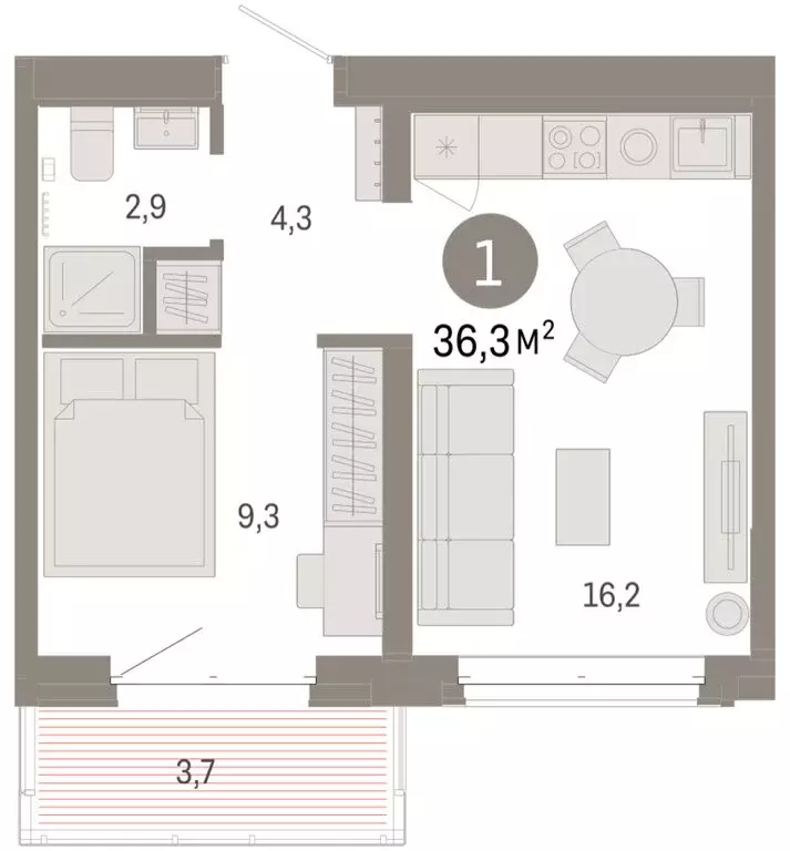 1-комнатная квартира: Тюмень, жилой комплекс На Минской (36.29 м) - Фото 1