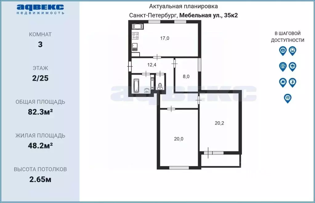 3-к кв. Санкт-Петербург Мебельная ул., 35к2 (82.3 м) - Фото 2